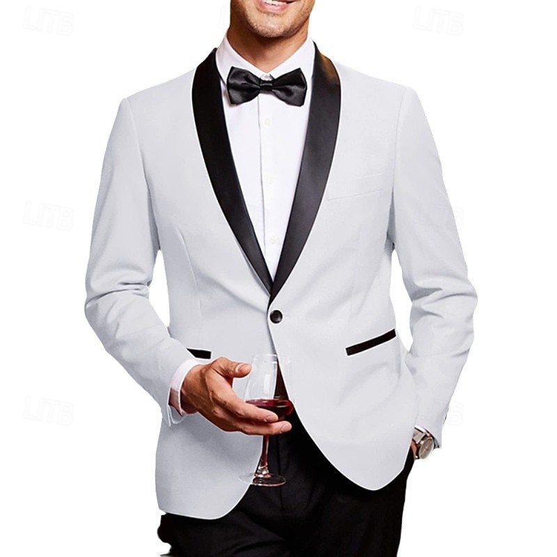 Men's Blazer Business Cocktail Party Wedding Party Fashion Casual Spring &  Fall 75% Cotton Color Block Pocket Buttons Comfortable Single Breasted Blazer White2