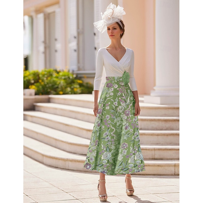 A-Line Dress Beach Wedding Mother of the Bride Dress Elegant Vintage V Neck Ankle Length Stretch Fabric Half Sleeve with Lace Embroidery Dresses Race Day Dress