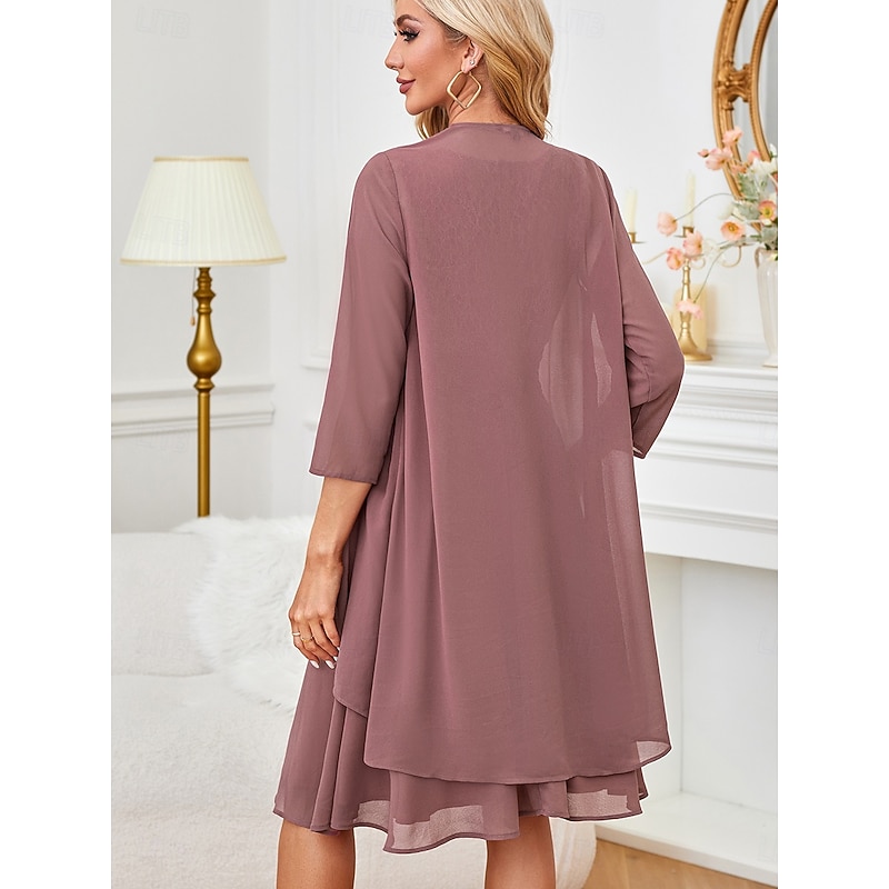 Women's Knee Length Dress Dress Set Wedding Guest Dress White Lace Dress with Sleeves Dress With Jacket Elegant Formal Wedding Guest Cocktail Party Regular Fit Plain 3/4 Length Sleeve Round Neck Gray2