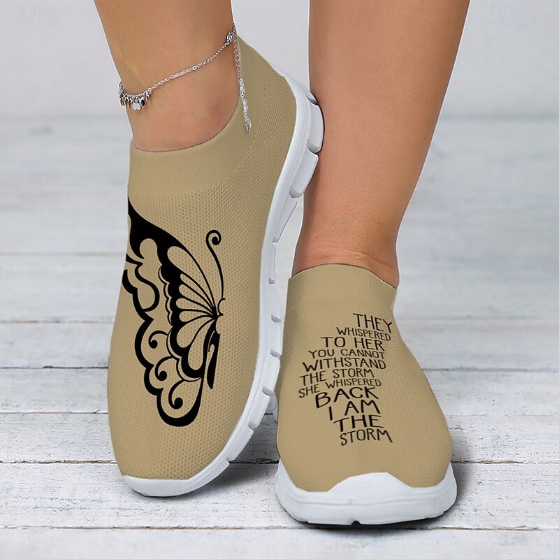 Women's Inspirational Butterfly Khaki Fly-knit Slip-On Sneakers - Lightweight Comfortable Athletic Shoes for Casual Wear and Fitness Activities3