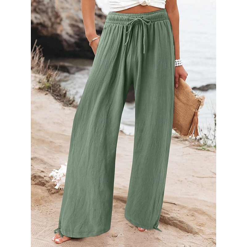 Women's Wide Leg Chinos Fashion Streetwear Full Length High Waist Plain Pocket Elastic Waistband Comfy Soft Comfortable Micro-elastic Outdoor Street Black Green Apricot Summer Spring Regular Fit