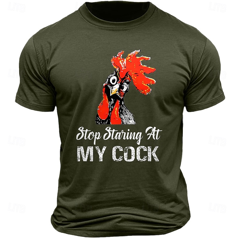 Men's Funny Graphic T-Shirt with "Stop Staring At My Cock" Rooster Pun Design Short Sleeve Tee2