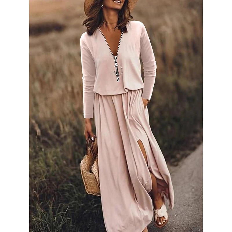 Women's Maxi Dress Casual Dress A Line Dress Stylish Casual Vacation Daily Regular Fit Plain Letter Long Sleeve V Neck White Pink Khaki Spring Fall