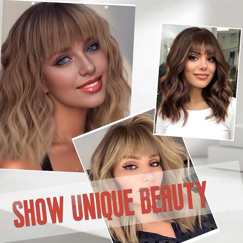 Short Wavy  Wig with Bangs  Wigs for Women Short Curly Bob Wigs Synthetic Natural Looking Hair Replacement Wigs Costume Cosplay Halloween Wig2