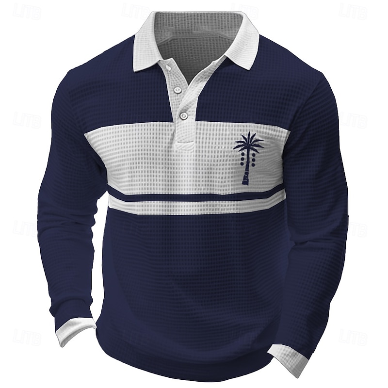 Kentucky Derby Men's Leaf Waffle Polo Shirts Golf Shirt Long Sleeve Polo Shirts Collared Shirts Hawaiian Casual Hawaiian Buttons 3D Print Spring Fall Winter Dark Blue Light Blue Gray2