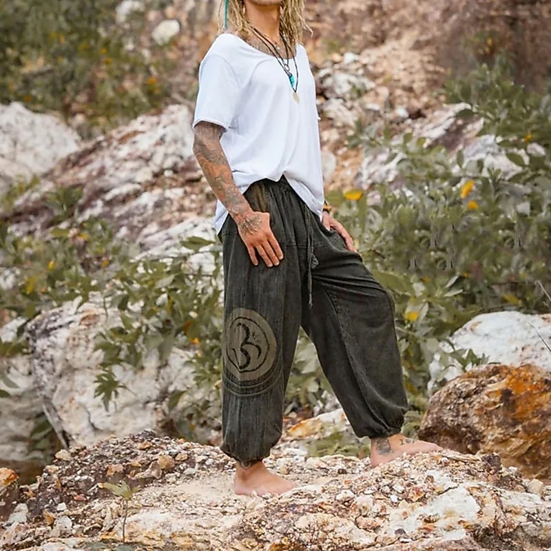 Men's Joggers Trousers Summer Pants Baggy Pants Beach Pants Drawstring Elastic Waist Drop Crotch Plain Comfort Breathable Full Length Outdoor Casual Holiday Ethnic Style Retro Vintage Green3