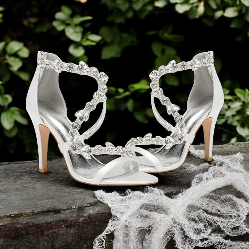 Women's Pink Satin High Heel Sandals with Rhinestone Floral Straps – Elegant Bridal or Evening Party Shoes2