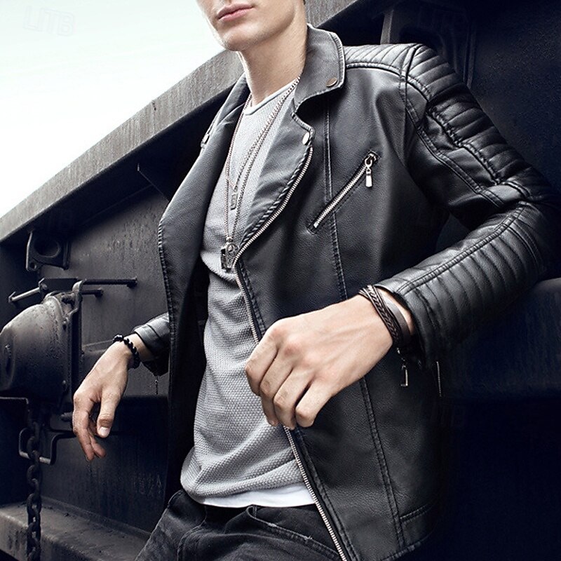 Men's Faux Leather Jacket Transition Jacket Biker Jacket Motorcycle Jacket Vacation Daily Windproof Warm Pocket Fall & Winter Plain Fashion Classic Lapel Regular Black Dark Blue Jacket3