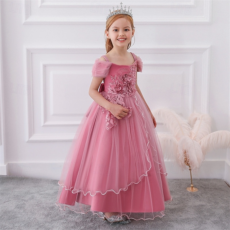 Flower Girl Dress Kid's Girls' Princess Dress Performance Wedding Party Elegant Beautiful Mesh Solid Color Sleeveless Crew Neck Champagne Pink 4 years+2