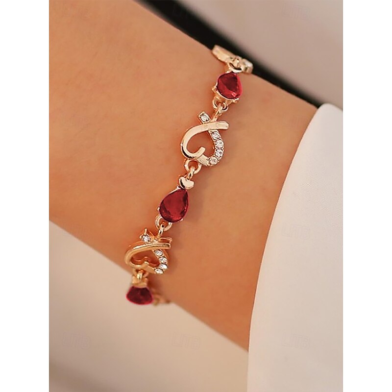 Women's Gold Bracelet with Red Teardrop Crystals and Heart-Shaped Accents, Elegant Romantic Design for Valentine's Day Gift, Weddings, and Special Occasions