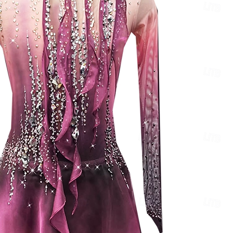 Figure Skating Dress Women's Girls' Ice Skating Dress Rose Red Thumbhole Halo Dyeing High Elasticity Professional Competition Skating Wear Thermal Warm Crystal / Rhinestone Long Sleeve Ice Skating3