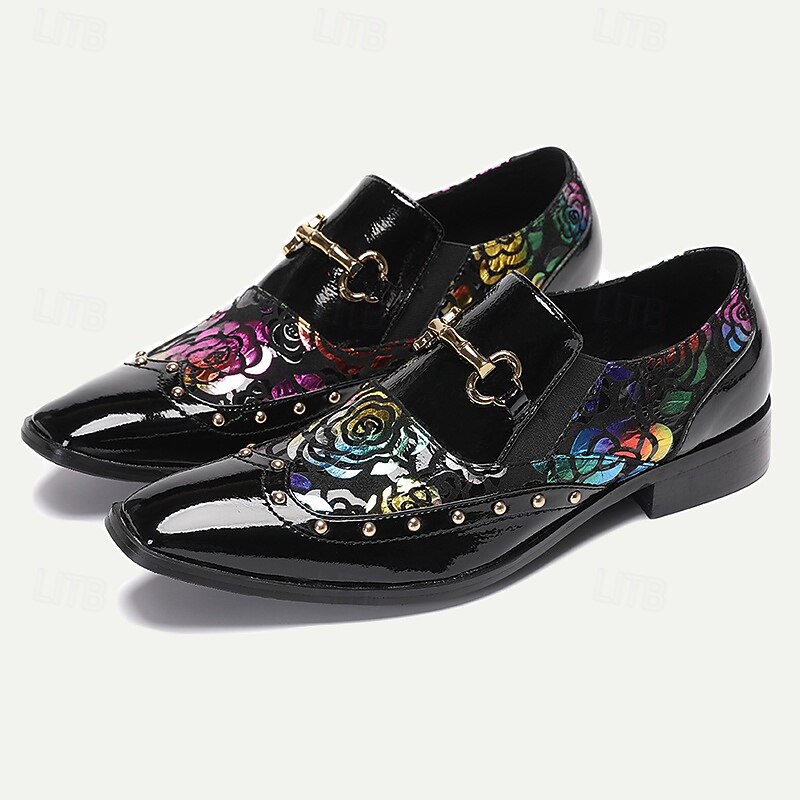 Men's Black Patent Leather Loafers with Gold Tip Floral  and Metal Buckle–Premium Cowhide Formal Shoes for Weddings, Parties, and Special Occasions3