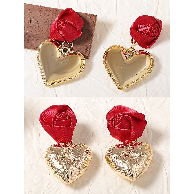 Women's Romantic Rose and Heart Drop Earrings, Red Satin Flower with Gold-Tone Heart Design, Statement Jewelry for Weddings, Valentine's Day Gift, and Special Occasions4
