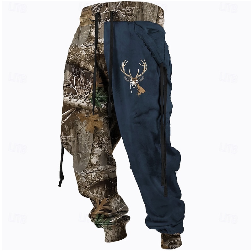 Men's Camouflage Hunting Deer Sweatpants Trousers Mid Waist Drawstring Elastic Waist Active Vintage Casual Outdoor Streetwear with Pockets Spring Fall 3D Print Black Blue Brown4