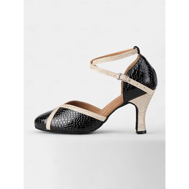 Black and Gold Crocodile Pattern Dance Shoes for Women with Glitter Strap and Mid Heel - Perfect for Ballroom and Latin Dancing