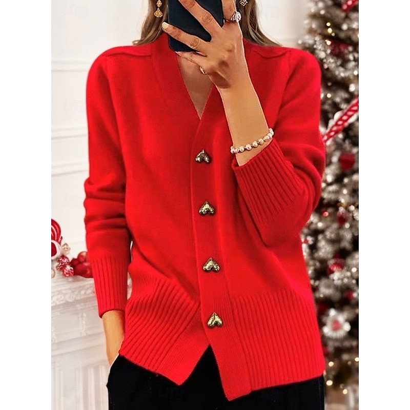 Women's Sweater Coat Dailywear Buttons Solid Color Windproof Vintage Outerwear Long Sleeve Summer Red S