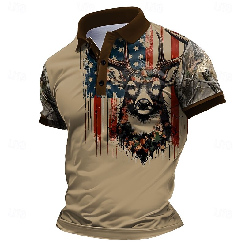 Men's Deer Polo Short Sleeve Polo Shirts Collared Shirts Casual School Outdoor Daily Wear Home Wear 3D Print Summer Spring Fall Brown Gray