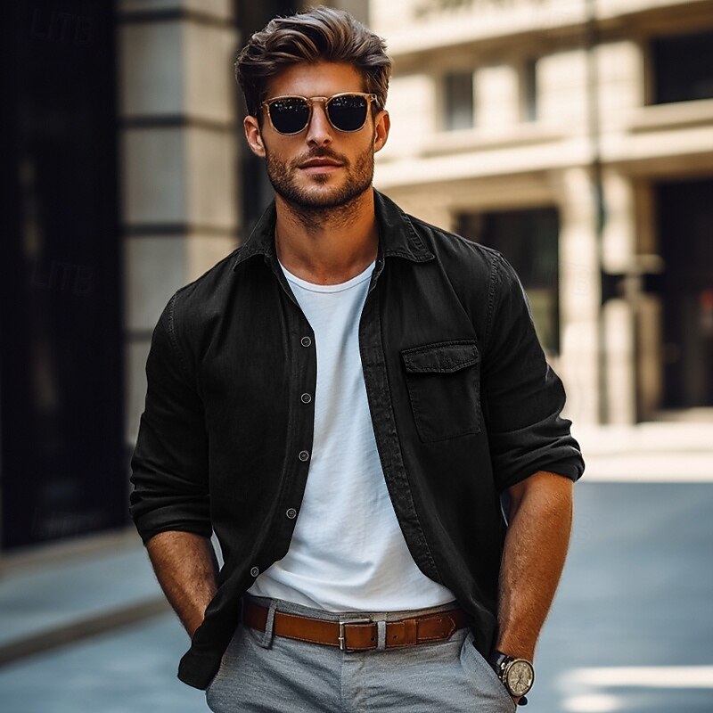 Men's Shirt Work Shirt Button Up Shirt Cargo Shirt Black Green Long Sleeve Plain Lapel Vacation Holiday Pocket Clothing Apparel Fashion Casual Comfortable3