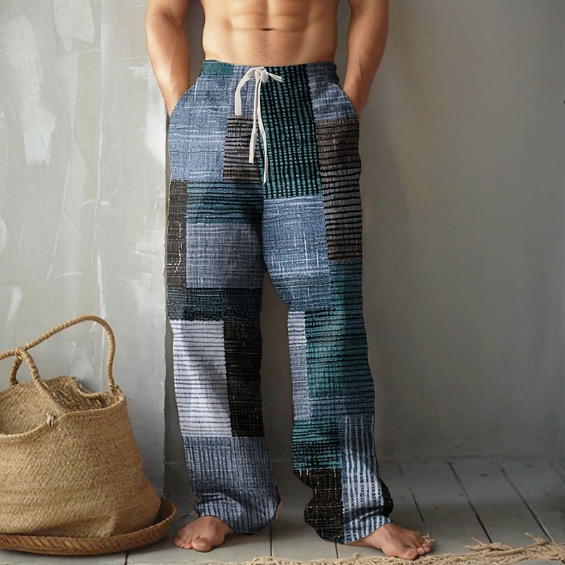 Men's Color Block Patchwork Pants Trousers Casual Pants Mid Waist Drawstring Elastic Waist Vintage Retro Outdoor Vacation Holiday Straight Leg Trousers Summer Spring Fall 3D Print Red Blue Green2