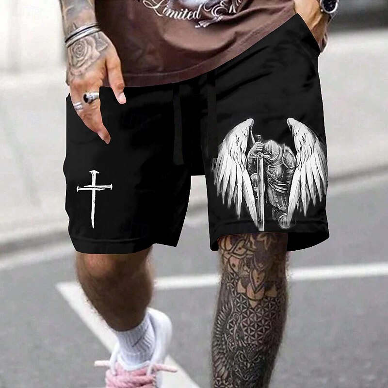 Men's Knights Templar Cross Religion Sweat Shorts Beach Shorts Terry Shorts Mid Waist Vintage Casual Daily Holiday Streetwear Drawstring Elastic Waist 3D Print Designer Clothing Apparel3