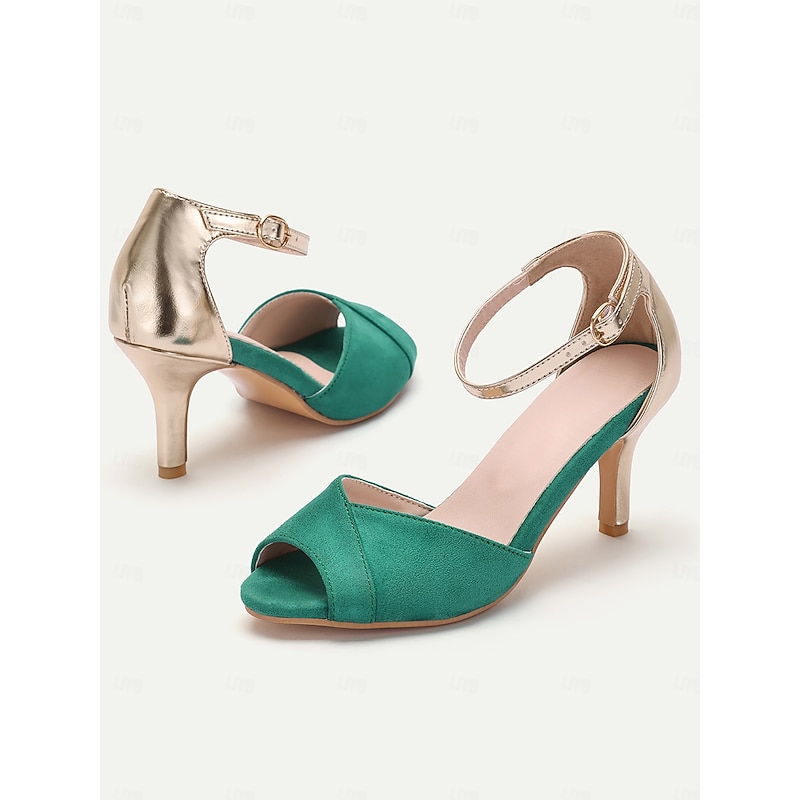 Women's 1920s Green Peep-Toe Heels with Gold Ankle Strap, Elegant Satin Finish Stiletto Sandals for Weddings, Parties, and Formal Events3