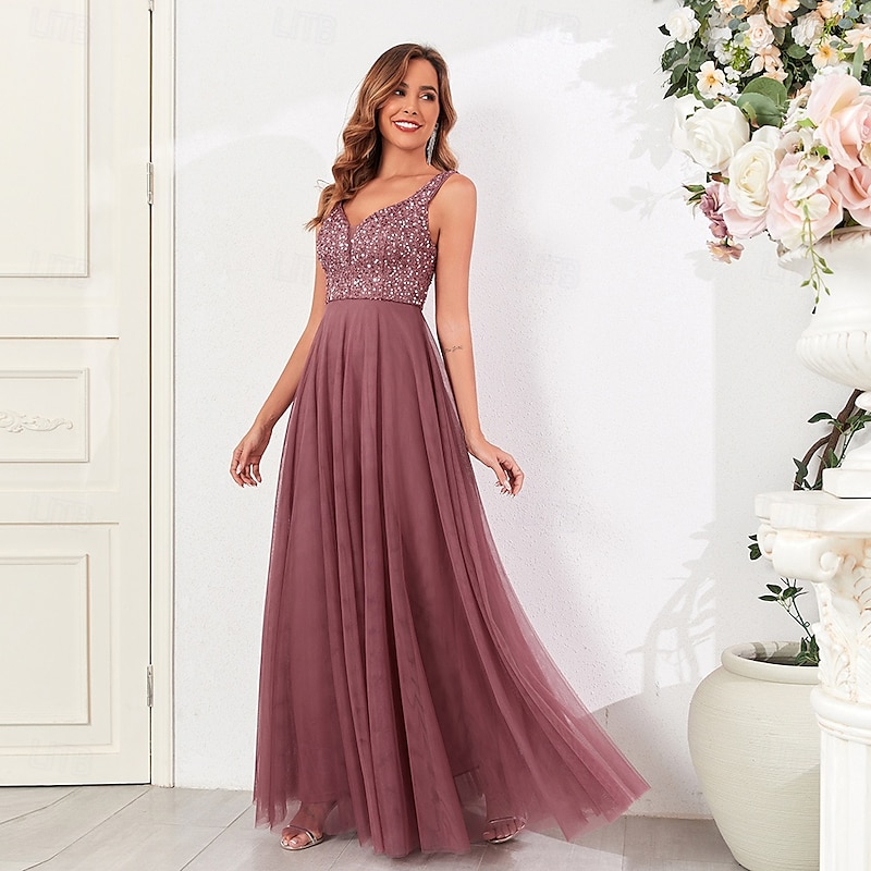 A-Line Wedding Guest Dresses Elegant Dress Wedding Guest Birthday Floor Length Sleeveless V Neck Pink Dress Tulle V Back with Sequin
