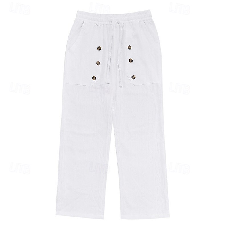 Men's Linen Pants Trousers Summer Pants Beach Pants Gurkha Pants Buttons Drawstring Elastic Waist Plain Comfort Breathable Full Length Casual Daily Holiday Classic Style Retro Vintage Black White3