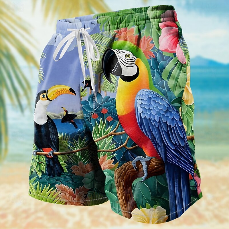 Men's Parrot Floral&Plants Jungle Swim Trunks Swim Shorts Board Shorts Mid Waist Tropical Streetwear Hawaiian Vacation Daily Holiday Drawstring Elastic Waist 3D Print Designer Clothing Apparel2