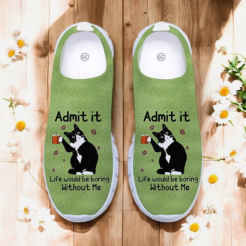 Women's Green Slip-On Sneakers with Funny Cat Printed, Perfect for Everyday Wear4