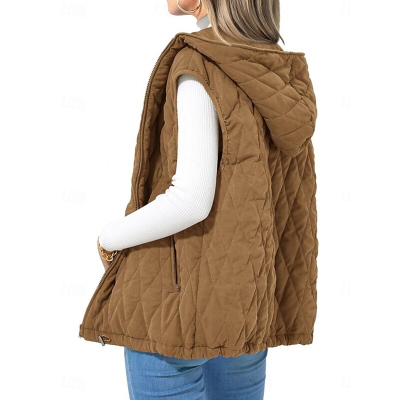 Women's Puffer Vest Quilted Vest Windproof Warm Patchwork Simple Solid Color Daily Regular Hooded Regular Fit Sleeveless Outerwear Black White Camel Fall Winter2