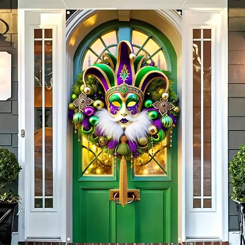 Carnival Mardi Gras Door Decorations Door Covers Mask Faux Wreath Door Tapestry Door Curtain Decoration Backdrop Indoor/Outdoor Door Banner for Front Door Farmhouse2