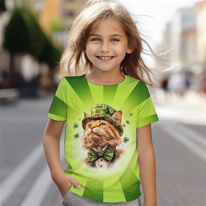St. Patrick Girls' 3D Graphic Cat Four Leaf Clover T shirt Tee Short Sleeve Summer Spring Fashion Basic Kids 4-12 Years Crew Neck Outdoor Casual Daily Regular Fit4