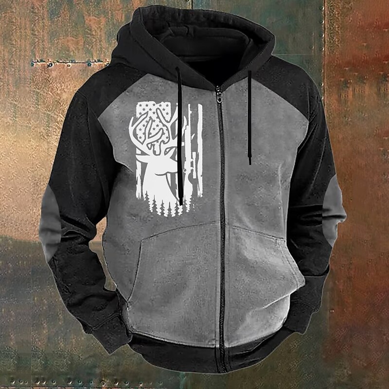 Men's American US Flag Deer Hoodies Fashion Daily Long Sleeve Hooded Vacation Hunting Black Brown Drawstring Zipper Fall Winter Designer