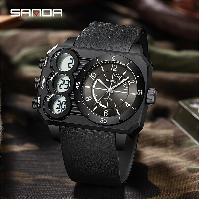 SANDA Men Digital Watch Outdoor Fashion Casual Wristwatch Luminous Alarm Clock Three Time Zones Calendar TPU Watch2