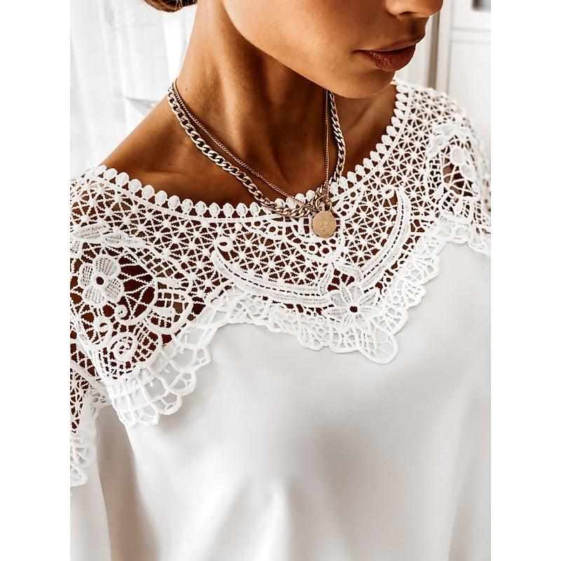 Women's Shirt Blouse Solid Color Basic Casual Long Sleeve Crew Neck Regular Tops Daily Lace Patchwork Black White Fall Winter2