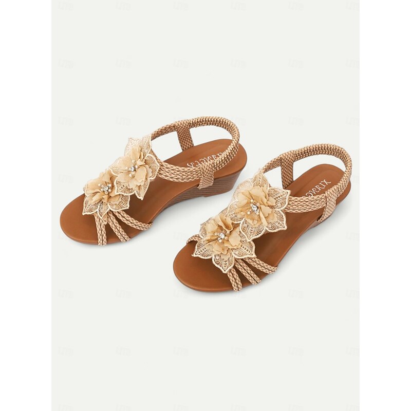 Women's Brown Bohemian-Style  Woven Wedge Sandals with Floral Embellishments - Comfortable Summer Sandals for Beach and Casual Outings4