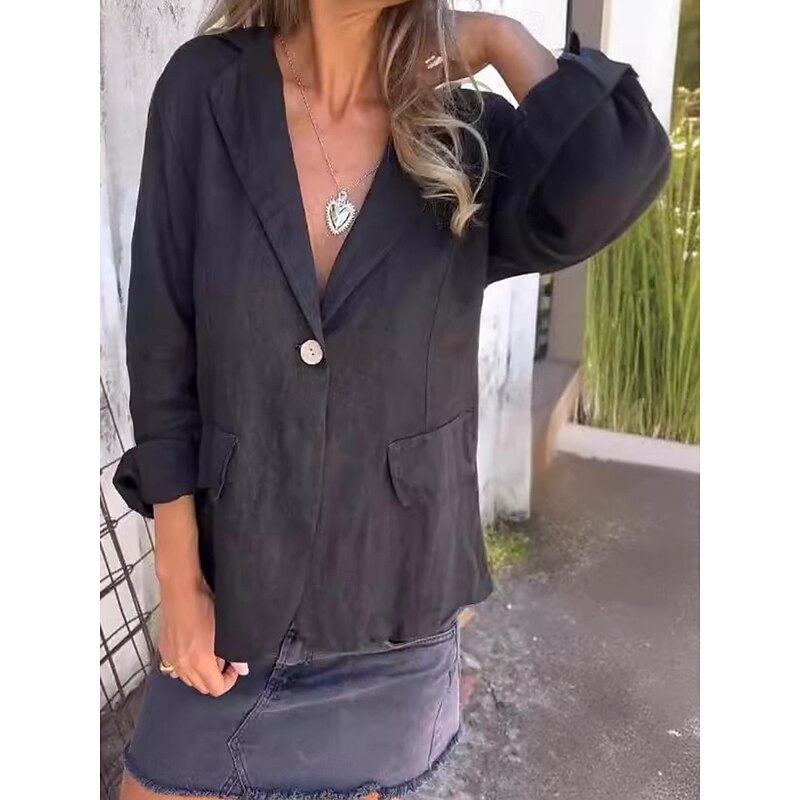 Women's Blazer Work Patchwork Solid Color Comfortable Stylish Regular Fit Outerwear Long Sleeve Spring Black S