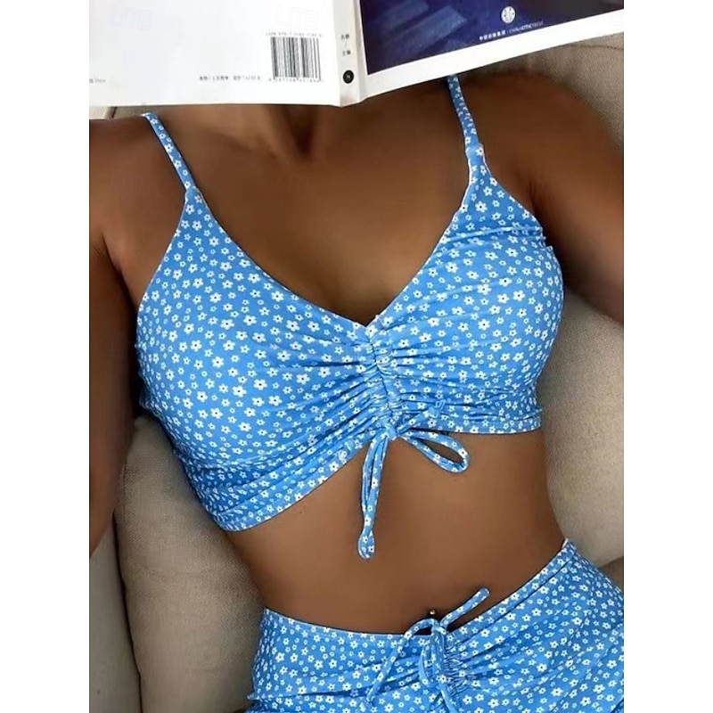 Women's Swimwear Bikini 2 Piece Shorts Swimsuit Backless Slim Vacation Beach Wear Floral Halter Neck Sleeveless Bathing Suits3