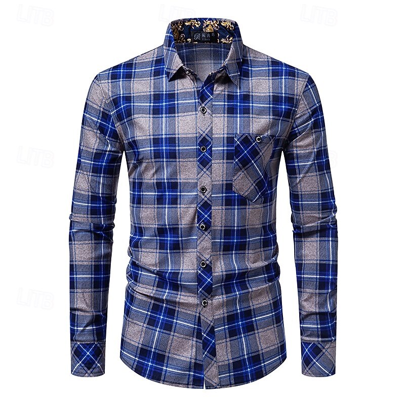 Men's Shirt Summer Shirt Casual Shirt Button Up Shirt Checked Shirts Red Blue Long Sleeve Plaid Lapel Vacation Holiday Button-Down Clothing Apparel Polyester Fashion Casual Comfortable