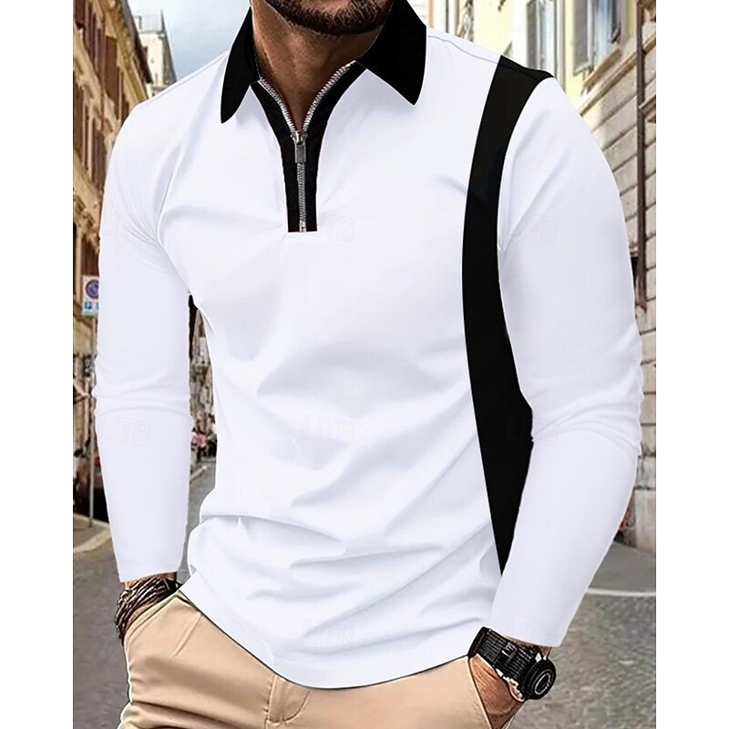 Men's Quarter Zip Polo Golf Shirt Daily Holiday Quarter Zip Long Sleeve Fashion Modern Color Block Patchwork Spring &  Fall Regular Fit Black White Wine Navy Blue Light Grey Dark Gray Quarter Zip Polo