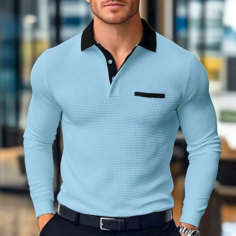Men's Waffle Polo Shirts Polo Shirts Formal Business Ribbed Polo Collar Long Sleeve Fashion Solid Color Buttons Pocket Spring &  Fall Light Blue White Grey Waffle Polo Shirts4