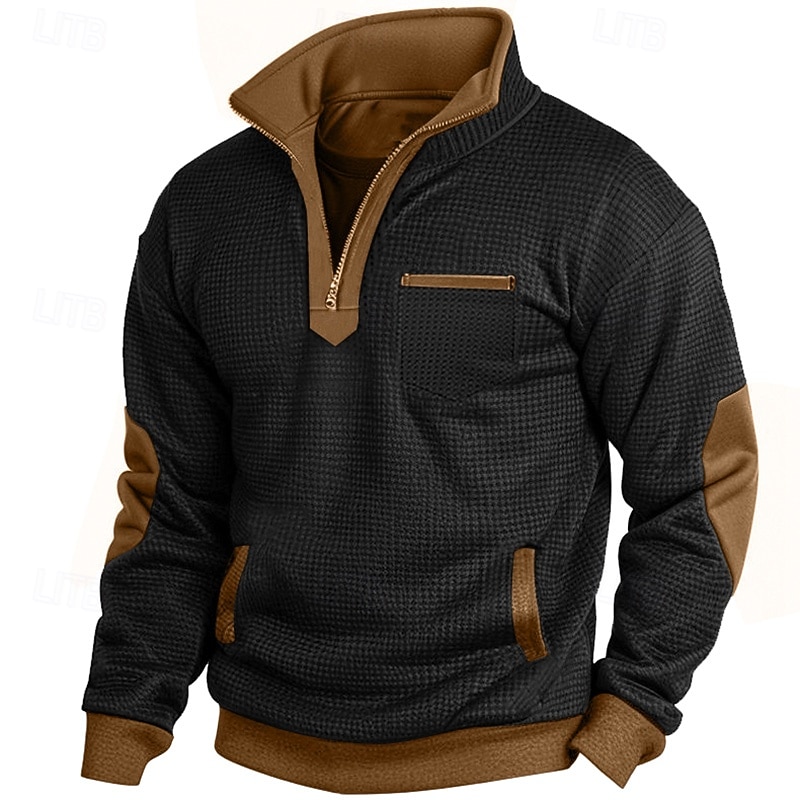 Men's Zip Up Sweatshirt Waffle Sweatshirt Pullover Black Navy Blue Half Zip Plain Pocket Work Sports & Outdoor Casual Active Vintage Cool Spring Fall Clothing Apparel Hoodies Sweatshirts  Long Sleeve2