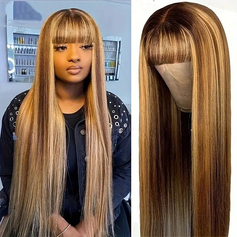 P4/27 Highlight Straight Human Hair Wigs With Bangs Full Machine Made Wigs 150% Density 12-26 Inch