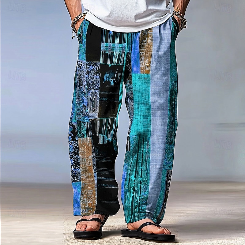 Men's Color Block Patchwork Pants Trousers Mid Waist Drawstring Elastic Waist Hawaiian Casual Outdoor Party Evening Wear Holiday Straight Leg Trousers Summer Spring Fall 3D Print Red Blue Green3