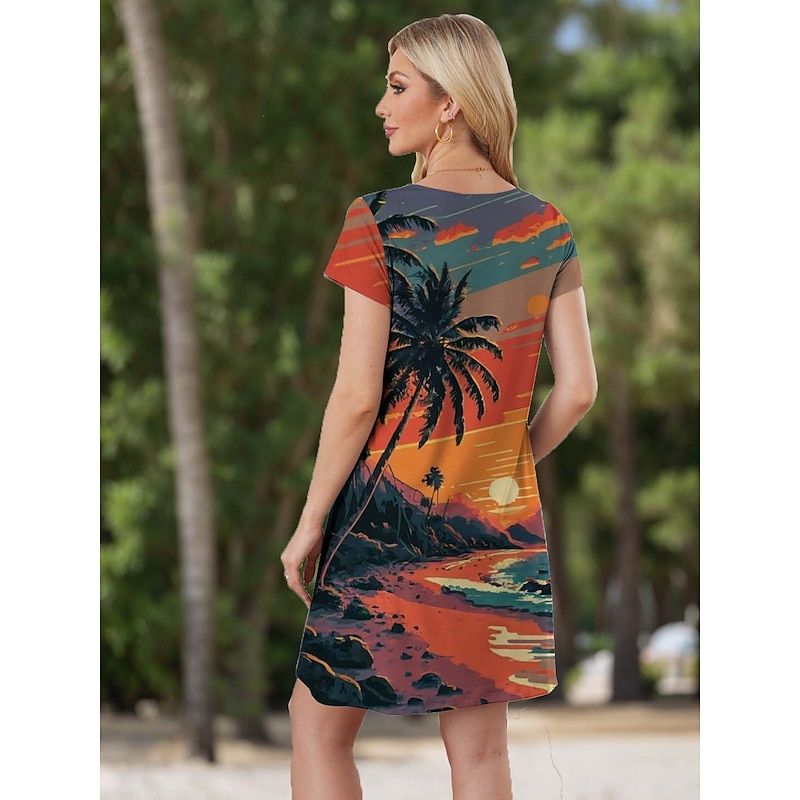 Women's Mini Dress Casual Dress Petite Dress T Shirt Dress Tee Dress Shift Dress Party Stylish Boho Vacation Party Casual Loose Fit Tropical Short Sleeve V Neck Orange Spring Fall3