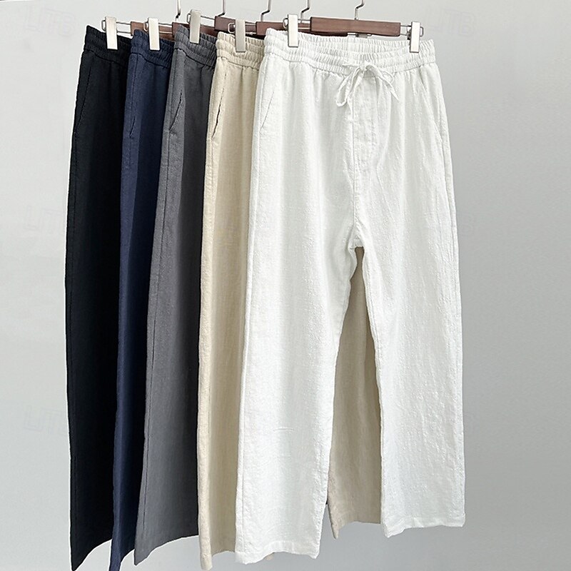 Men's Linen Pants Trousers Summer Pants Casual Pants Drawstring Elastic Waist Straight Leg Plain Comfort Breathable Ankle-Length Casual Daily Holiday Fashion Classic Style Black White4