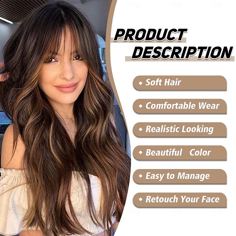 Wigs for Women Long Wavy Wigs With Thick Bangs Curly Hair Synthetic Wave Heat Resistant Fiber Daily Party Use2