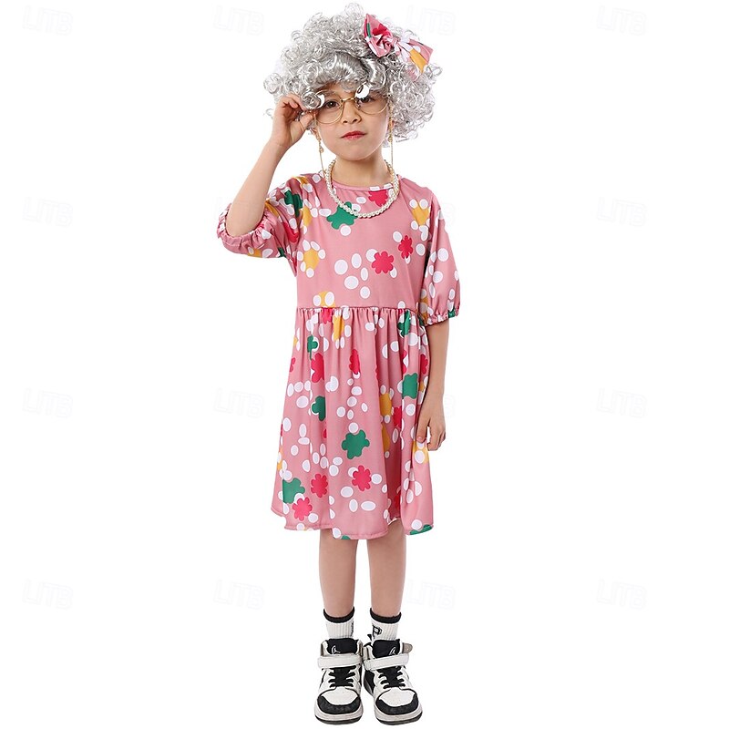 Old Women Granny Halloween Outfits Costume Dress Up with Grandma Funny Costume Kid's Girls' Halloween Carnival 100th Day of School Easy Halloween Costumes Dress Up3