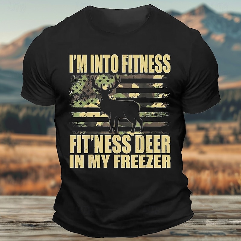 Men's Camouflage US Flag Hunting Deer T Shirt Tee Top 100% Cotton Short Sleeve Graphic Shirt Black Army Green Dark Blue Comfortable Tee Street Sports Outdoor Fashion Designer Clothing