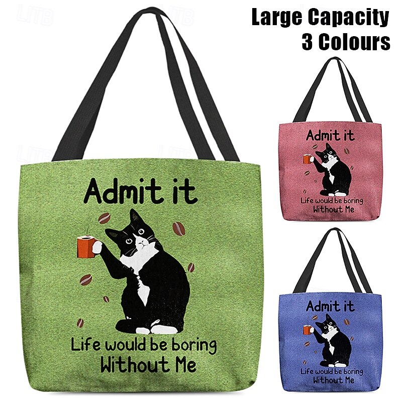 Large Capacity Tote Bag with Cat Print Design, Eco-Friendly and Durable Fabric, Available in 3 Colors – Perfect for Shopping, Travel, and Daily Use3